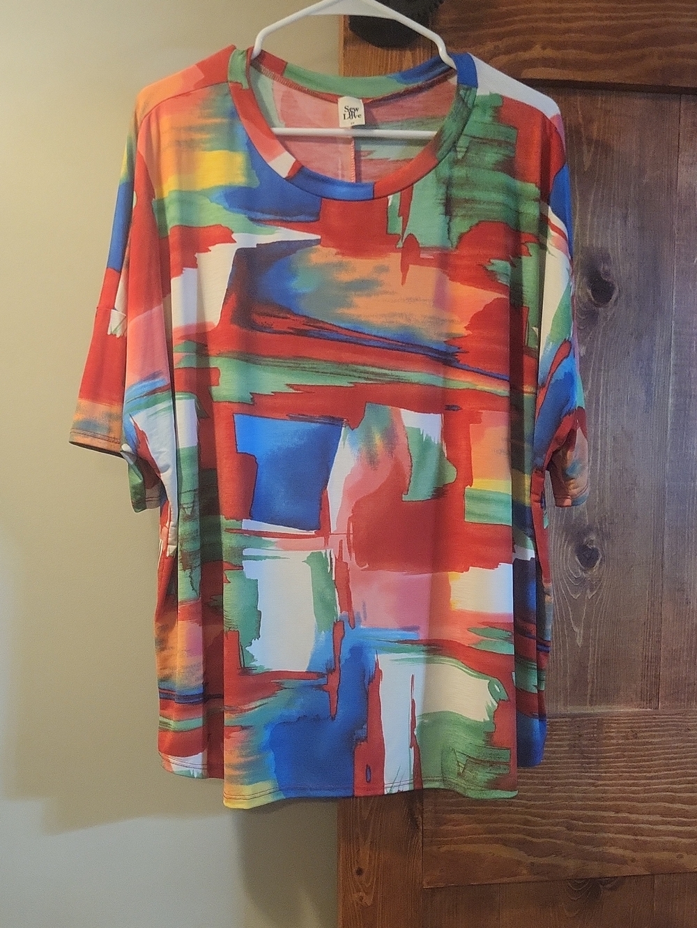 Sew In Love-  Bright Abstract Short Sleeve Tee in Red, Blue, Green, Cream